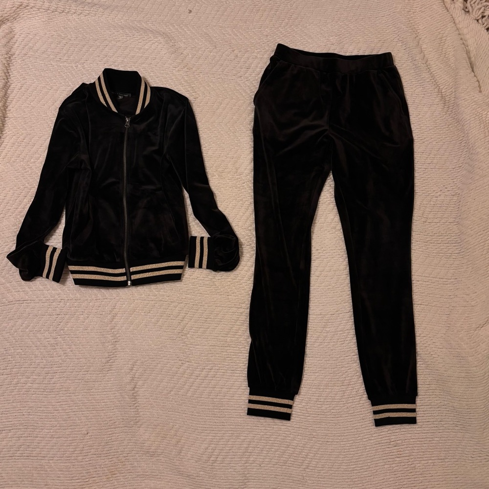 Kate & Mallory Y2K Charcoal Black Velour Track Preppy Academia Jogger Set XS